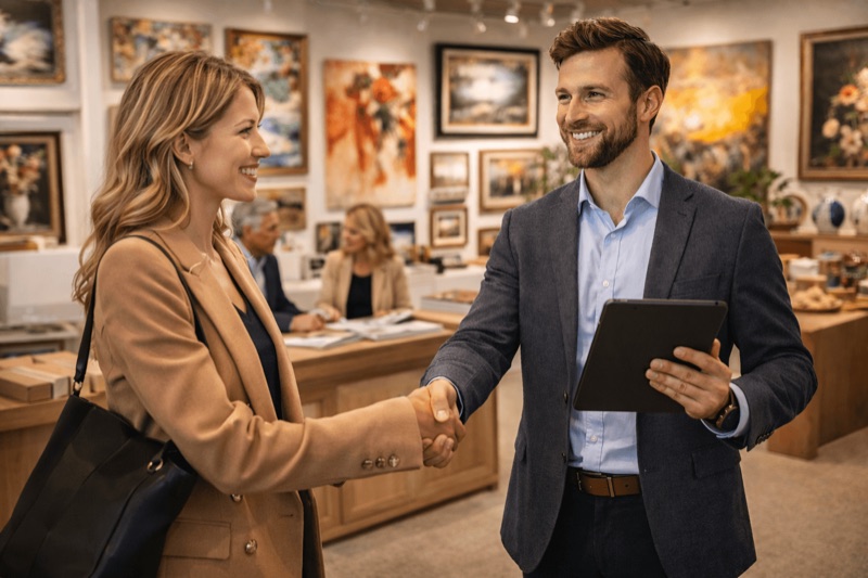 A salesperson holding a tablet shakes hands with a customer in an art gallery showroom